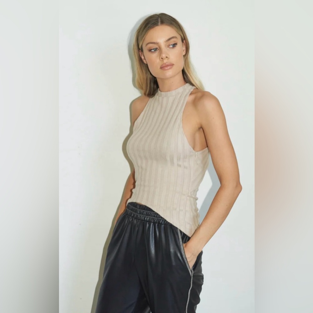 LNA Tan Ribbed Criss Cross Open Back Tank Top